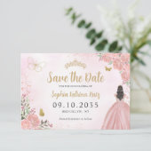 Floral roze goud prinses verjaardag quinceanera save the date (Staand voorkant)