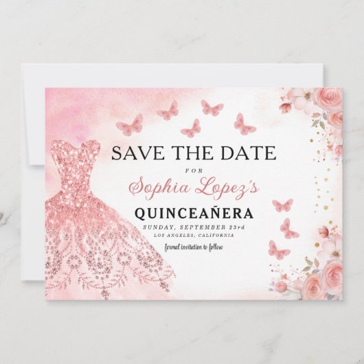 Floral roze goud prinses verjaardag quinceanera save the date (Voorkant)