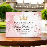 Floral roze goud prinses verjaardag quinceanera save the date<br><div class="desc">Vier in stijl met de Floral Pink en Gold Princess Birthday Quinceañera uitnodiging. Dit elegante ontwerp is voorzien van zachte roze bloemen in combinatie met luxe gouden accenten, perfect voor een vorstelijke en gedenkwaardige 15e verjaardag. De uitnodiging belichaamt genade en sophisticatie, geschikt voor een prinses. De delicate bloemendetails en glinsterende...</div>