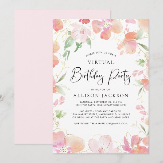 Floral roze goud van de virtuele feestdag kaart (Voorkant / Achterkant)