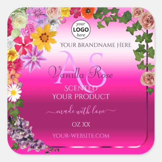 Floral roze gradiënt Product Labels Monogram Logo (Voorkant)
