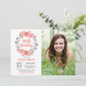 Floral Roze Grijs Alle Leeftijd Foto Birthday Kaart (Staand voorkant)