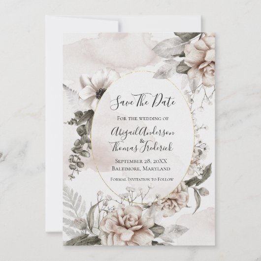 Floral roze grijze botanische Waterverf bruiloft Save The Date (Voorkant)