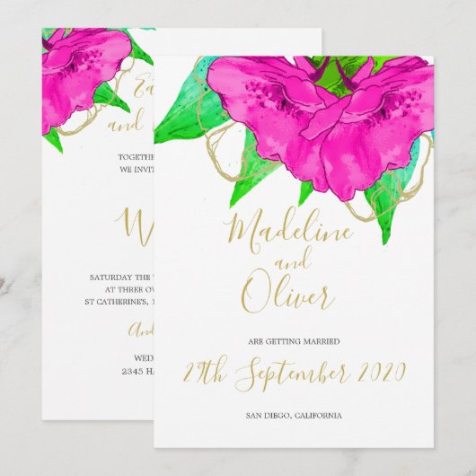 Floral roze groen goud moderne legante bruiloft kaart (Voorkant / Achterkant)