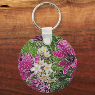 Floral/roze, groene en witte kleuren sleutelhanger