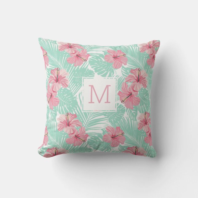  Floral Roze Hibiscus Tropisch Monogram Buitenkussen (Voorkant)