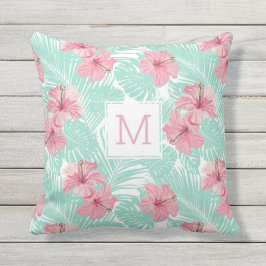  Floral Roze Hibiscus Tropisch Monogram Buitenkussen