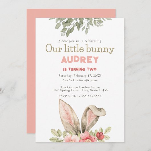 Floral roze konijn meisje verjaardag uitnodiging (Voorkant / Achterkant)