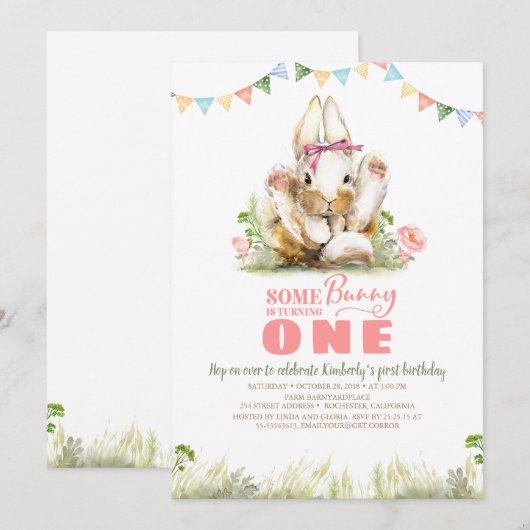 Floral roze konijn meisjes verjaardag uitnodiging (Voorkant / Achterkant)