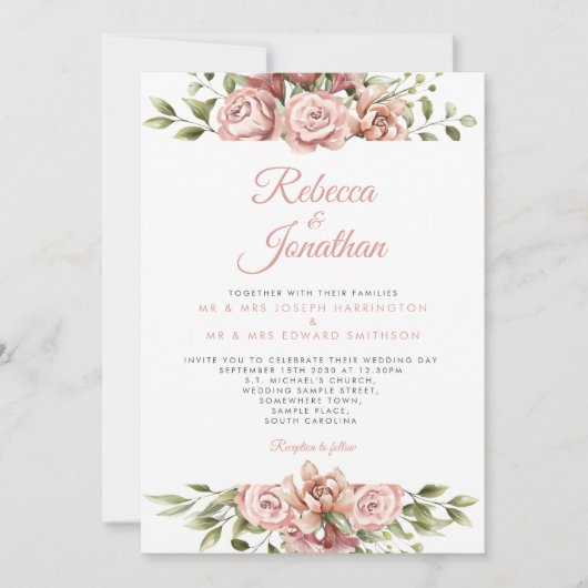 Floral roze koraal bruiloft kaart (Voorkant)