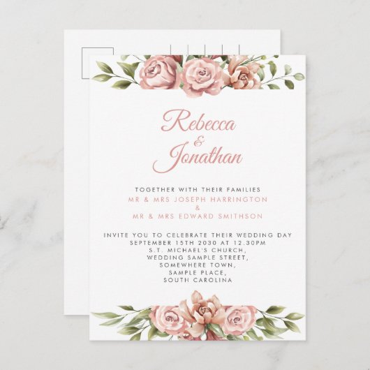 Floral roze koraal bruiloft uitnodiging Briefkaart (Voorkant / Achterkant)