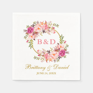 Floral roze krans gouden monogram bruiloft servet