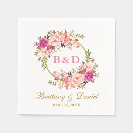 Floral roze krans gouden monogram bruiloft servet (Voorkant)
