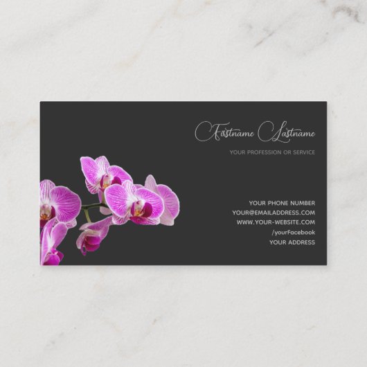 Floral roze orchidee bloesem kalligrafie donkergri visitekaartje (Achterkant)