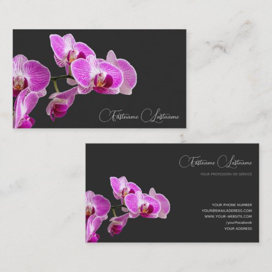 Floral roze orchidee bloesem kalligrafie donkergri visitekaartje (Voorkant / Achterkant)