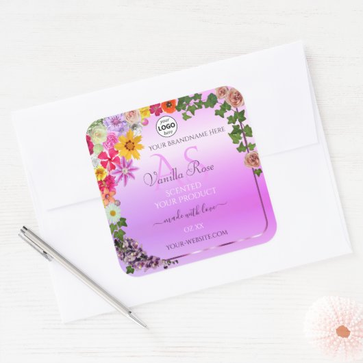 Floral roze Paars Etiket Monogram en Logo (Envelop)