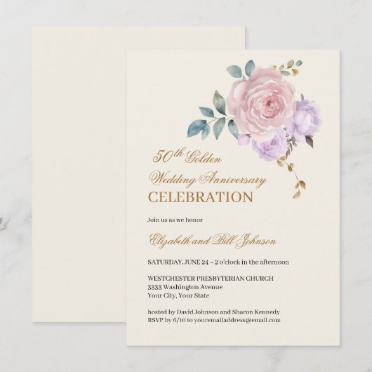 Floral Roze Paarse Goud 50ste bruiloft Jubileum Kaart (Voorkant / Achterkant)