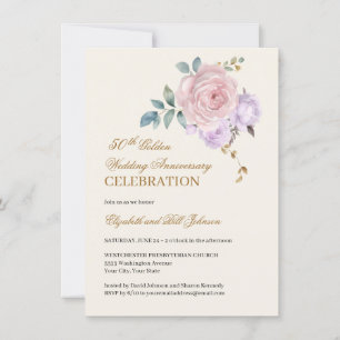 Floral Roze Paarse Goud 50ste bruiloft Jubileum Kaart