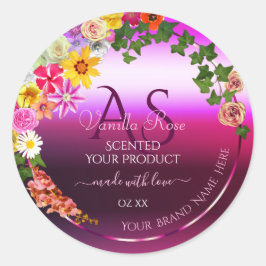 Floral roze Paarse productetiketten Modern Monogra Ronde Sticker
