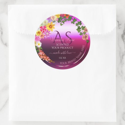 Floral roze Paarse productetiketten Modern Monogra Ronde Sticker (Tas)
