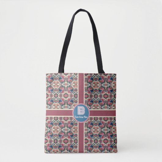 Floral Roze Paarse Rood Blauw Plaid Monogrammed Tote Bag (Voorkant)