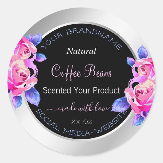 Floral roze Paarse zilveretiketten Ronde Sticker (Voorkant)