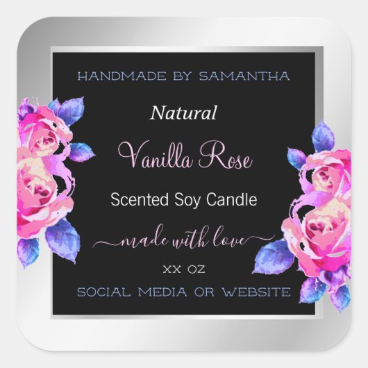 Floral roze Paarse zilveretiketten Vierkante Sticker (Voorkant)