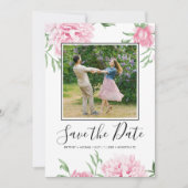 Floral roze pioen botanische elegante foto save the date (Voorkant)