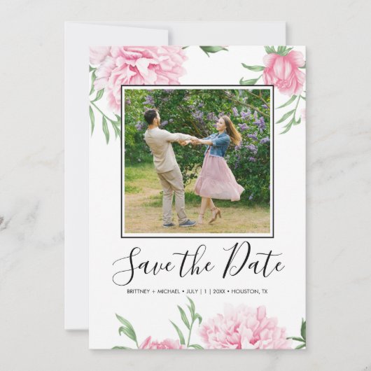 Floral roze pioen botanische elegante foto save the date (Voorkant)