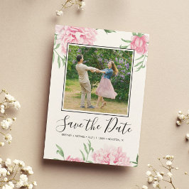 Floral roze pioen botanische elegante foto save the date