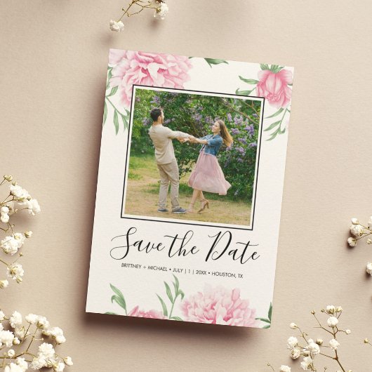 Floral roze pioen botanische elegante foto save the date