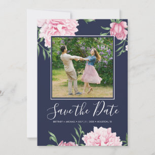 Floral roze pioen botanische marine elegante foto save the date