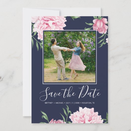 Floral roze pioen botanische marine elegante foto save the date (Voorkant)