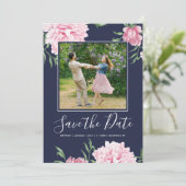 Floral roze pioen botanische marine elegante foto save the date (Staand voorkant)