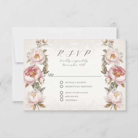 Floral roze pioen elegante lente QR code bruiloft RSVP Kaartje (Voorkant)