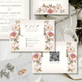 Floral roze pioen elegante lente QR code bruiloft RSVP Kaartje