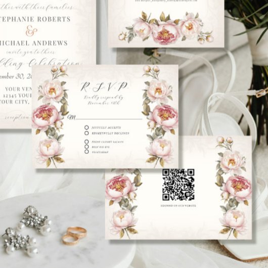 Floral roze pioen elegante lente QR code bruiloft RSVP Kaartje
