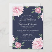 Floral roze pioen met marine achtergrond bruiloft kaart (Voorkant)