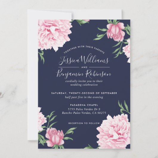 Floral roze pioen met marine achtergrond bruiloft kaart (Voorkant)