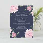 Floral roze pioen met marine achtergrond bruiloft kaart (Staand voorkant)