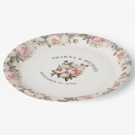 Floral roze pioen Waterverf elegante bruiloft Papieren Bordje (Gekanteld)