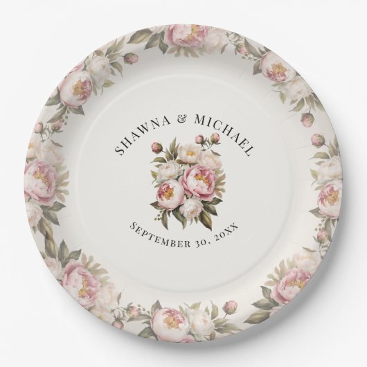 Floral roze pioen Waterverf elegante bruiloft Papieren Bordje (Voorkant)