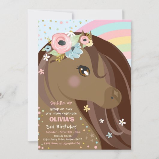 Floral roze Pony Birthday Kaart (Voorkant)
