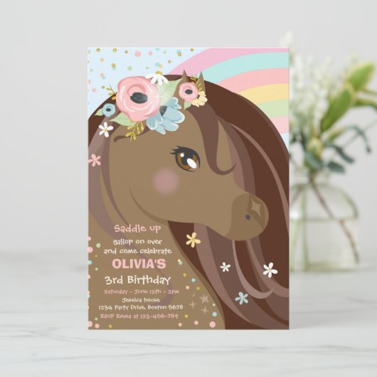 Floral roze Pony Birthday Kaart (Staand voorkant)