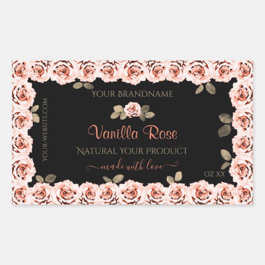 Floral roze Roses Black Product Packaging Labels (Voorkant)
