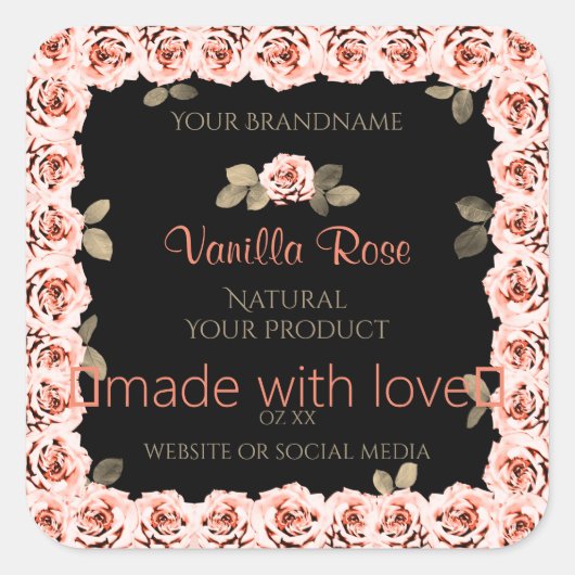 Floral roze Roses Black Product Packaging Labels (Voorkant)