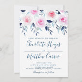 Floral roze Roses Blue Leaves Waterverf Wedding Kaart (Voorkant)