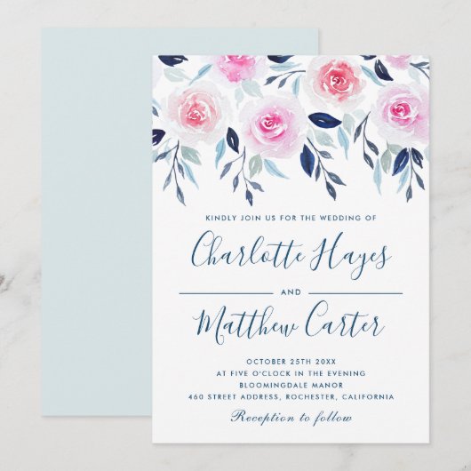 Floral roze Roses Blue Leaves Waterverf Wedding Kaart (Voorkant / Achterkant)