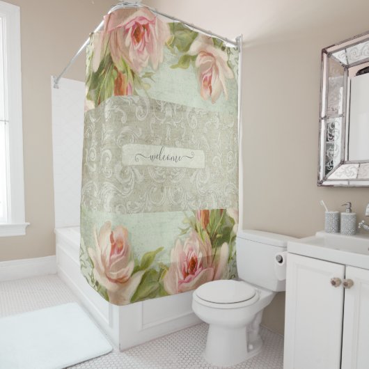 Floral roze Roses Damask  Modern Welkom Douchegordijn (In situ)
