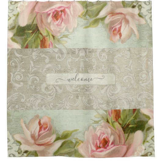 Floral roze Roses Damask  Modern Welkom Douchegordijn (Voorkant)